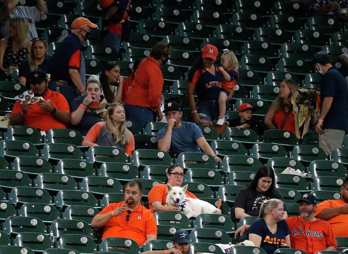 A dog sits in the seats with it’s owner during Dog Day at the Park before the start of an MLB baseball game at Minute Maid Park, Sunday, August 22, 2021, in Houston.