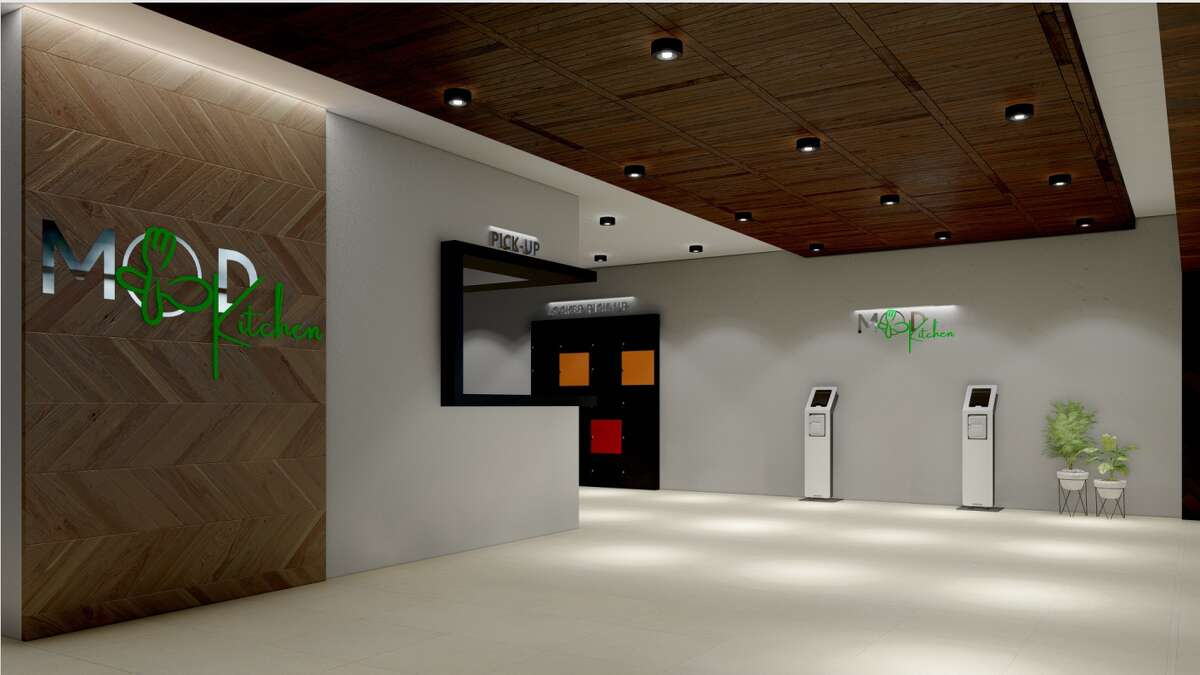 The lobby rendering shows a pick-up window where delivery drivers can pick up orders. It's unknown what the kiosks will be used for, but MOD Kitchen will offer onsite ordering.