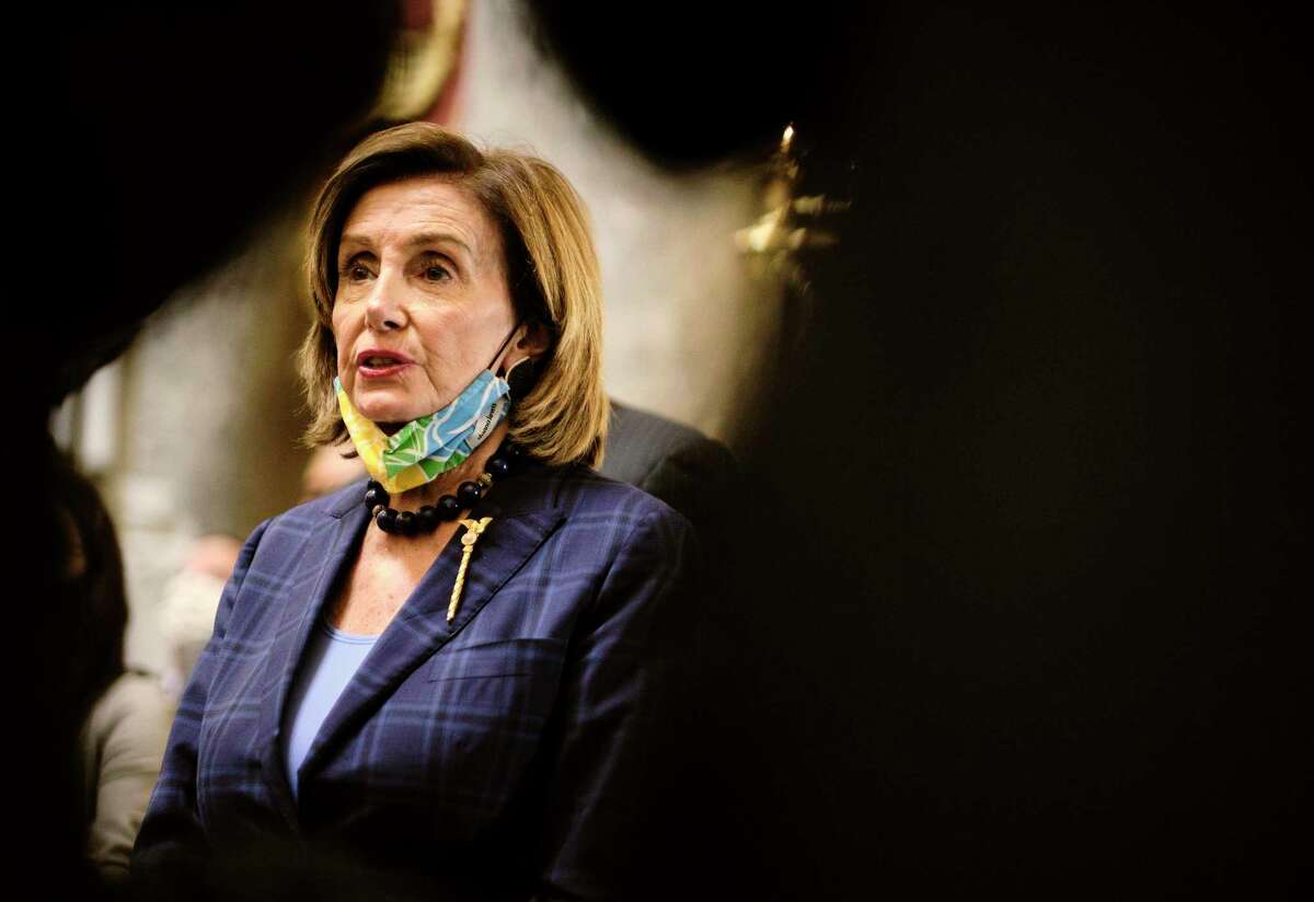Speaker of the House Nancy Pelosi talks with reporters at the Capitol in Washington, D.C, on July 30, 2021.