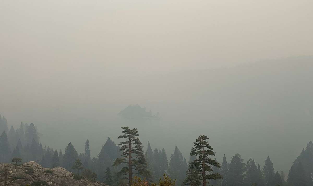 The view overlooking Emerald Bay in Lake Tahoe shows the smoky conditions across the basin on Aug. 20.