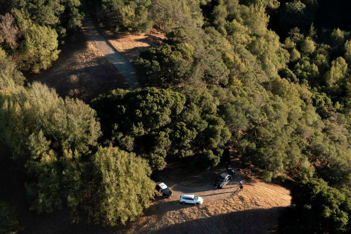 Police officials investigate Pleasanton Ridge, where authorities believe the body of Philip Kreycik was found, Tuesday, Aug. 3, 2021, in Pleasanton, Calif. Pleasanton police said the remains found by a volunteer, who found the body under a tree about a quarter mile off the trail, are surely those of Philip Kreycik, 37, who on the morning of July 10 went for a run in Pleasanton Ridge Regional Park on a day when temperatures reached 106 degrees.