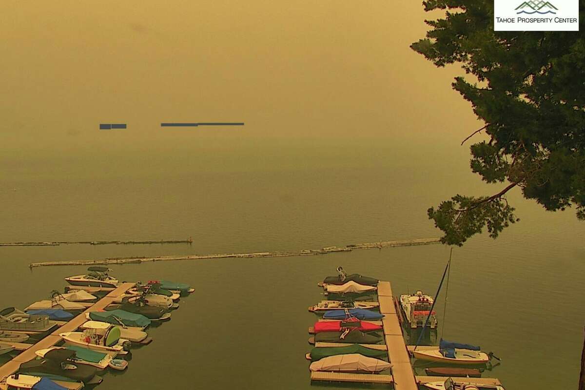 A screenshot from ALERT Wildfire of Fallen Leaf Lake in South Lake Tahoe on Monday, August 23, 2021. Smoke from the Caldor Fire has made its way east and covered the South Lake Tahoe area.