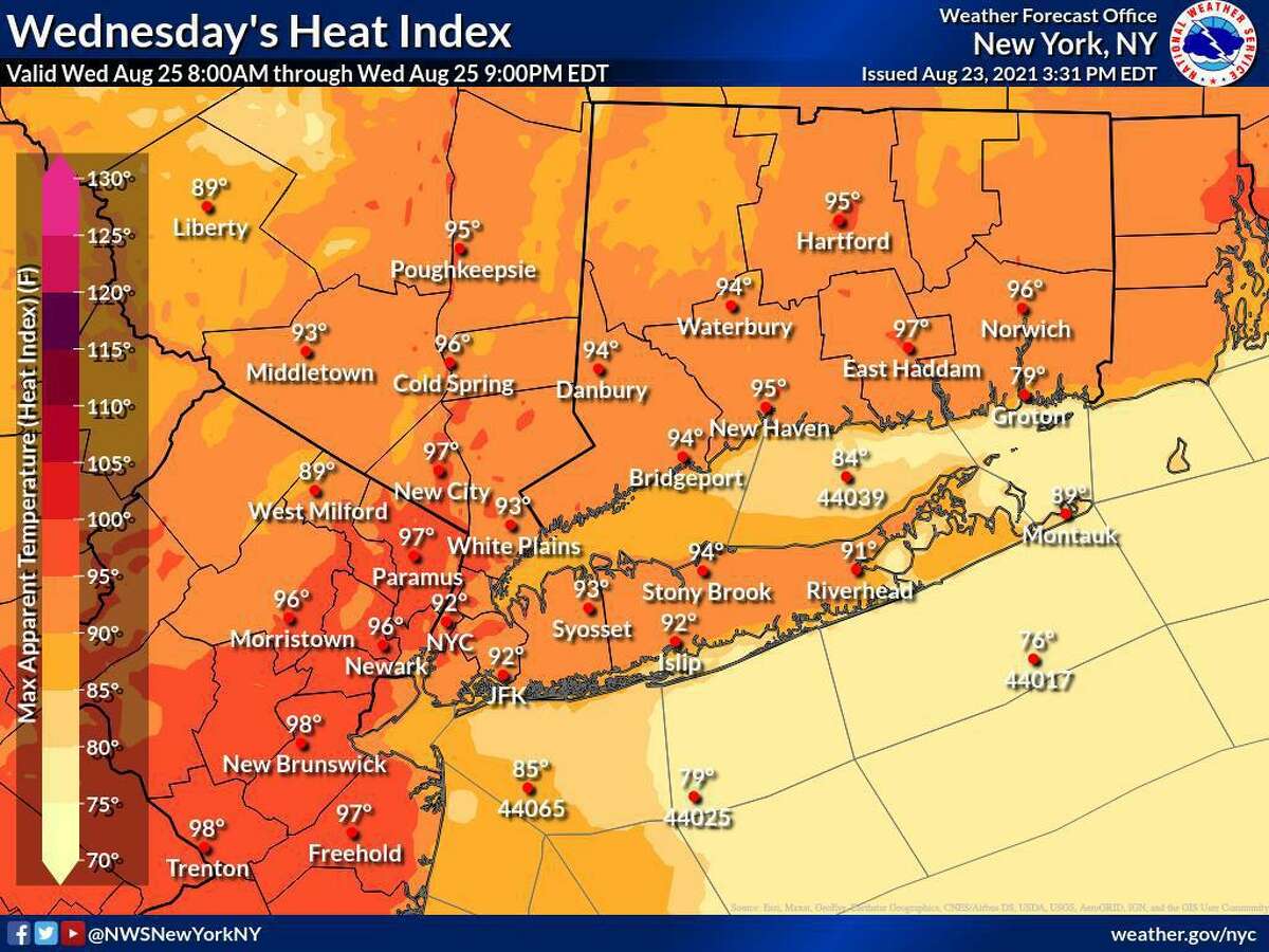 The National Weather Service said the maximum heat index values will be reached between 1 p.m. and 7 p.m. daily, with humid conditions expected Tuesday through Thursday this week across Connecticut.