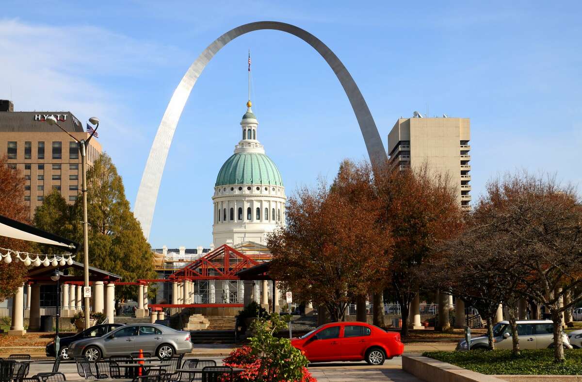 Old Court House and Gateway Arch, as photographed from Citygarden in St. Louis, Missouri (Photo By Raymond Boyd/Michael Ochs Archives/Getty Images)