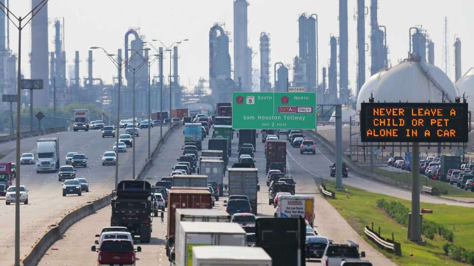 Westbound traffic backs up along Highway 225 where refineries and metro-chemical facilities line the ship channel, Thursday, Aug. 2, 2018 in Deer Park.