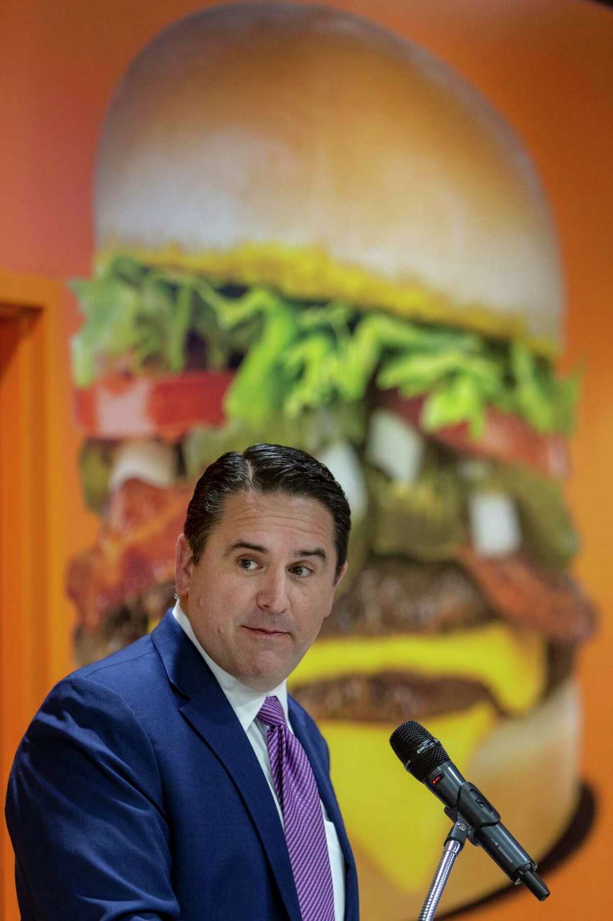 San Antonio city manager Erik Walsh speaks Tuesday morning, Aug. 24, 2021 at the San Antonio Airport during a news conference to announce Whataburger will be opening a store in Terminal B. Whataburger enters the airport after the 2019 controversy surrounding the City of San Antonio's handling of a contract for a Chick-fil-A restaurant at the same location.
