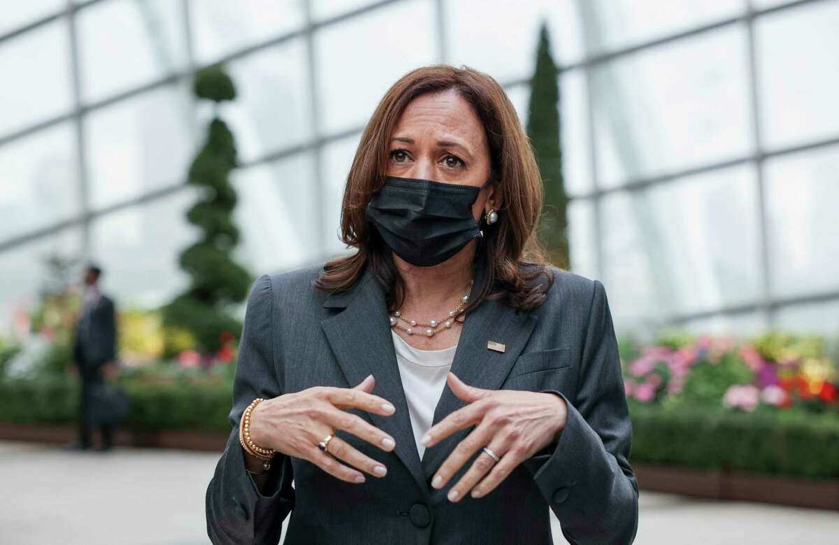 U.S. Vice President Kamala Harris takes questions from reporters as she visits the Flower Dome at Gardens by the Bay, following her foreign policy speech in Singapore, Tuesday, Aug. 24, 2021.