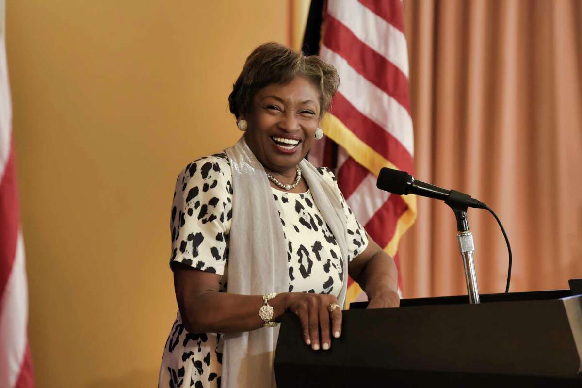 Senate Majority Leader Andrea Stewart-Cousins laughs during a press conference she held to talk about Kathy Hochul being sworn in as the first woman governor of New York State, on Tuesday, Aug. 24, 2021, in Albany, N.Y.