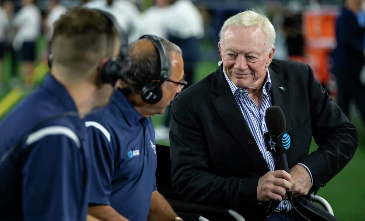 Dallas Cowboys owner Jerry Jones is taking part in an interview ahead of an NFL preseason game against the Houston Texans on Saturday, August 21, 2021, in Arlington, Texas.  Houston wins 20-14.  (AP Photo / Brandon Wade)