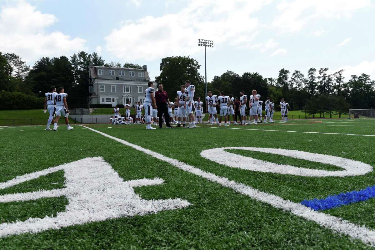 Union College football players assemble on the field during a media day event on Tuesday, Aug. 24, 2021, at Frank Bailey Field in Schenectady N.Y.
