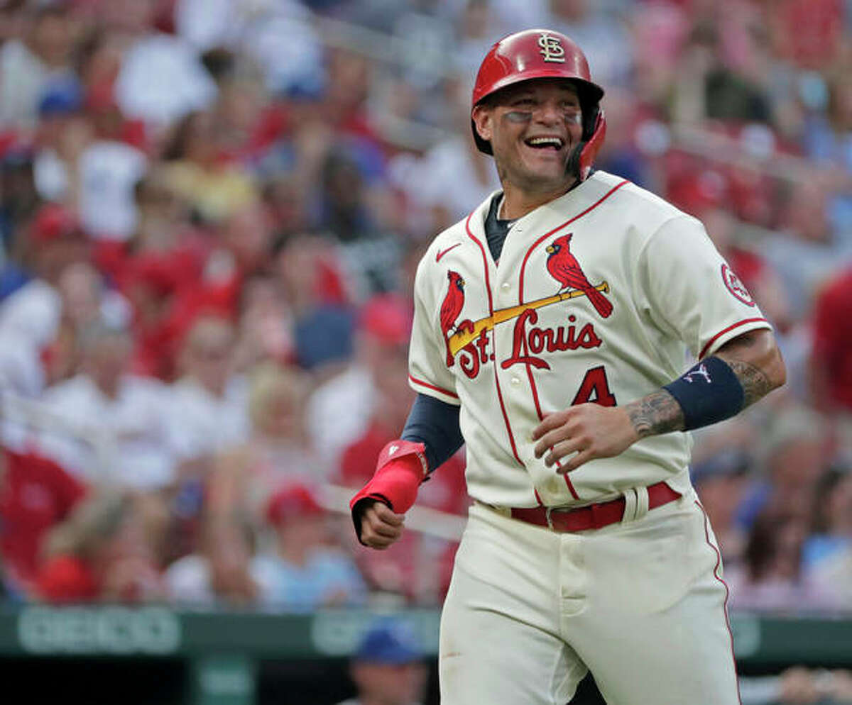 Cardinals catcher Yadier Molina smiles during a recent game against the Kansas City CRoyals at Busch Stadium. On Tuesday,