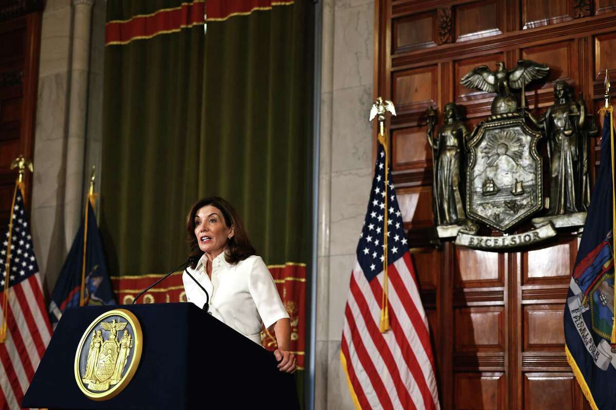Gov. Kathy Hochul speaks after taking her ceremonial oath of office at the state Capitol.