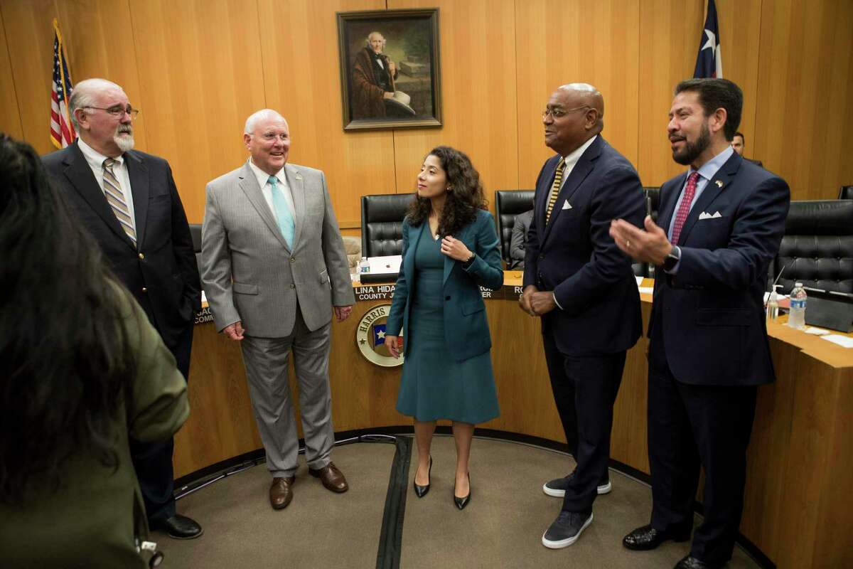 County Commissioners Jack Cagle, left, Tom Ramsey, Judge Lina Hidalgo, Rodney Ellis and Adrian Garcia during Harris County Commissioners Court Tuesday, July 20, 2021 in Houston, a month after the court approved a since-canceled vaccine outreach contract.