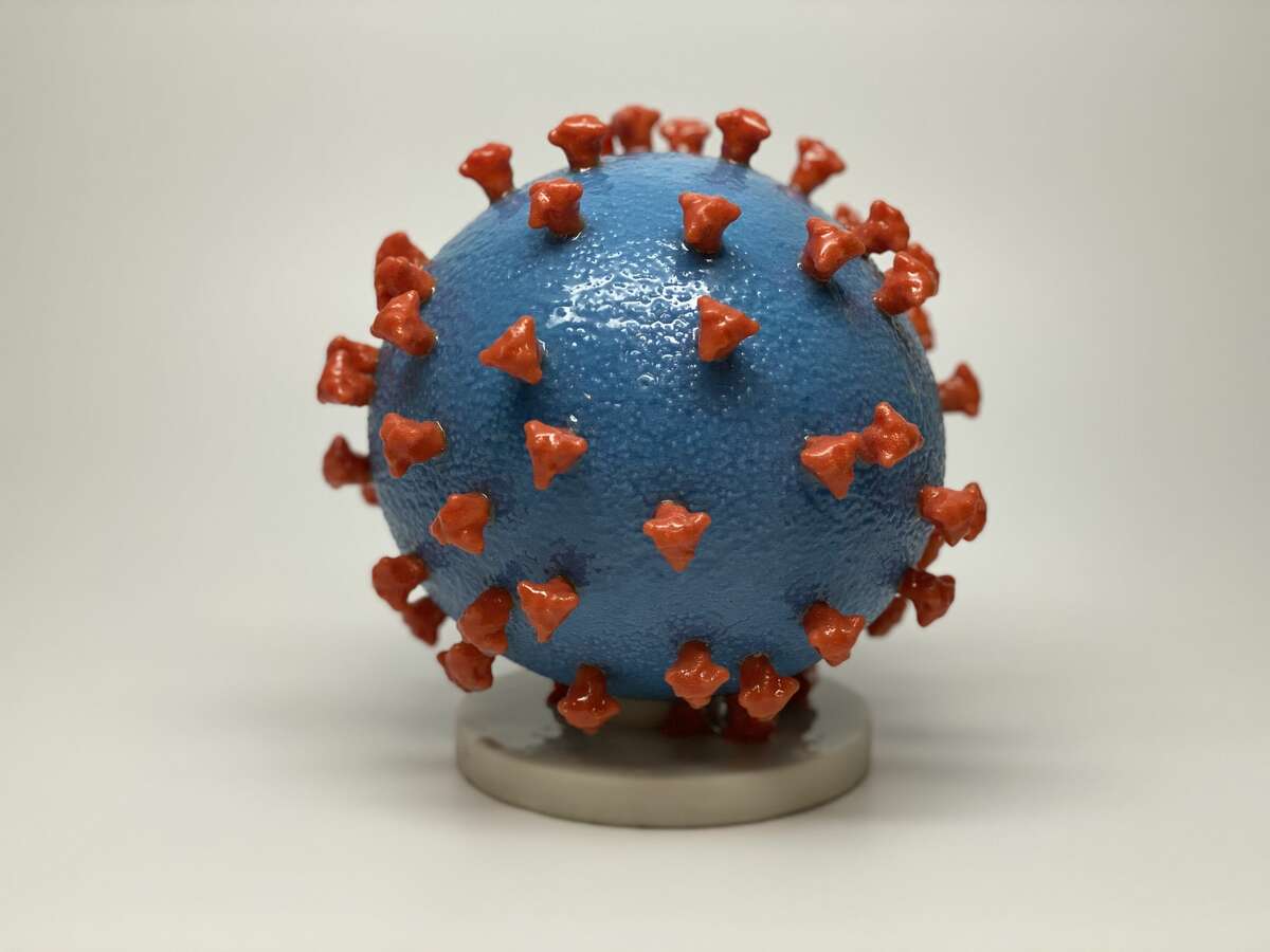 3D print of a SARS-CoV-2 also known as 2019-nCoV, the virus that causes COVID-19 virus particle. The virus surface (blue) is covered with spike proteins (red) that enable the virus to enter and infect human cells. (Photo by: IMAGE POINT FR/NIH/NIAID/BSIP/Universal Images Group via Getty Images)