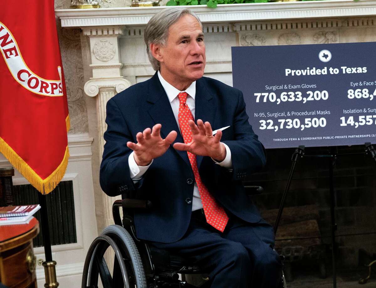 Gov. Greg Abbott of Texas speaks during a meeting with then-President Donald Trump at the White House on May 7, 2020. Abbott, an ardent opponent of mask and vaccine mandates, tested positive for the coronavirus on Tuesday, Aug. 17, 2021.