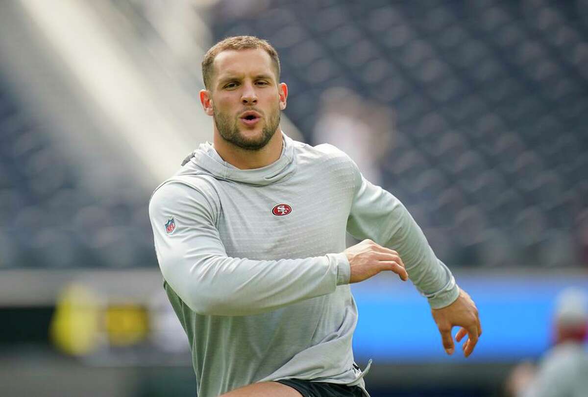 San Francisco 49ers defensive end Nick Bosa warms up before a preseason NFL football game against the Los Angeles Chargers Sunday, Aug. 22, 2021, in Inglewood, Calif. (AP Photo/Jae C. Hong)
