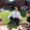 Wilton Schools Superintendent Kevin Smith talks with Miller-Driscoll students on the first day of school in 2018.