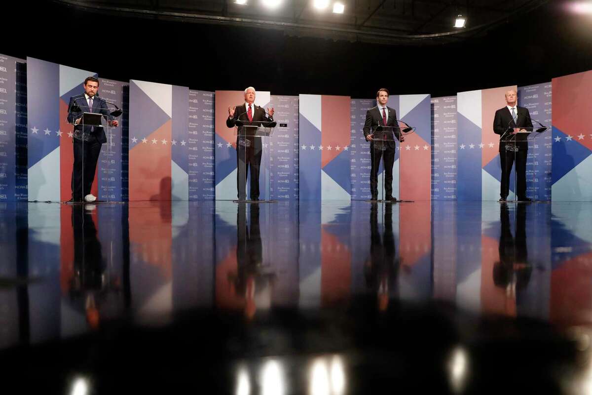 (left to right) Democrat Kevin Paffrath and Republicans John Cox, Kevin Kiley and Kevin Faulconer during a debate of California gubernatorial recall election hosted by KCRA 3 and San Francisco Chronicle in Sacramento, Calif., on Wednesday, August 25, 2021.