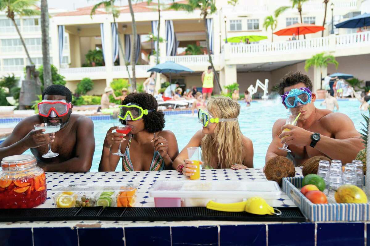From left, Lil Rel Howery, Yvonne Orji, Meredith Hagner and John Cena in "Vacation Friends."
