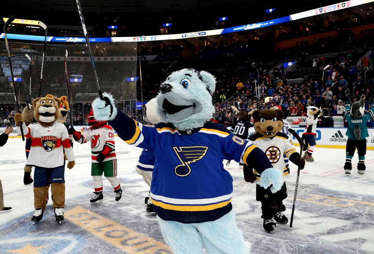 Louie of the St. Louis Blues raises his stick to the fans during the mascot showdown as part of the 2020 NHL All-Star Game weekend at the Enterprise Center on January 25, 2020 in St Louis, Missouri. (Photo by Dave Sandford/NHLI via Getty Images)