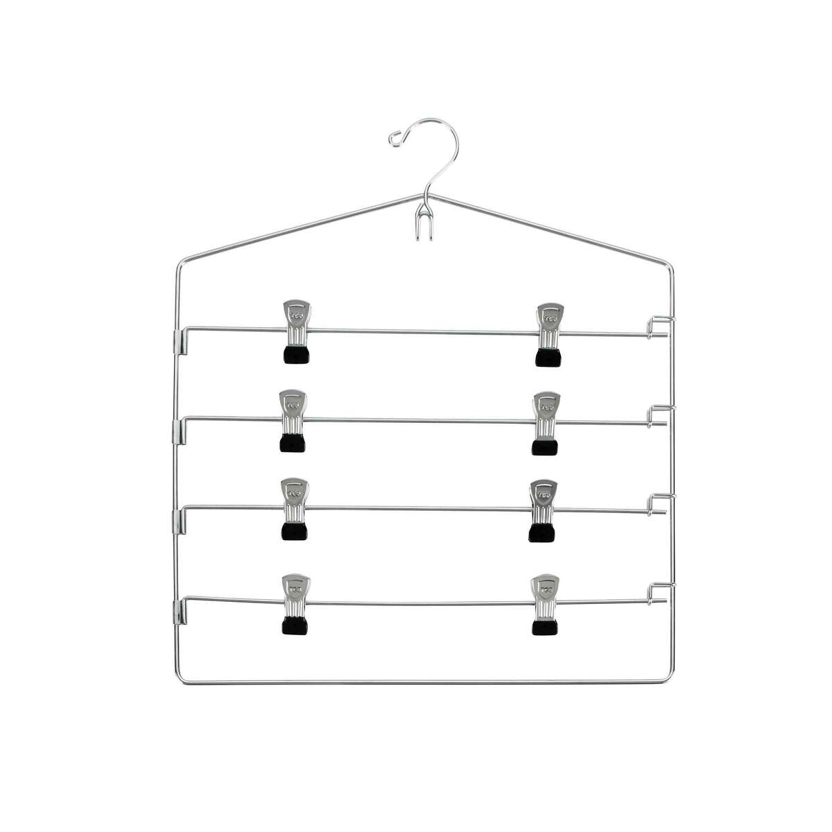 Chrome four-tier swing-arm skirt hangers ($9.99 each, containerstore.com).