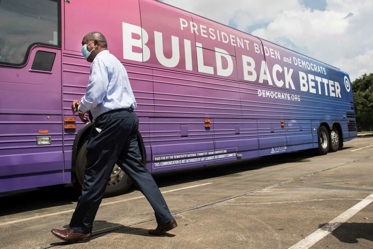 Mayor Sylvester Turner attends the Democratic National Committee’s “Build Back Better” bus tour stop on Aug. 18, 2021 in Houston. The bus tour is highlighting President Biden and Democrats’ plan for infrastructure and rebuilding after the COVID 19 pandemic.