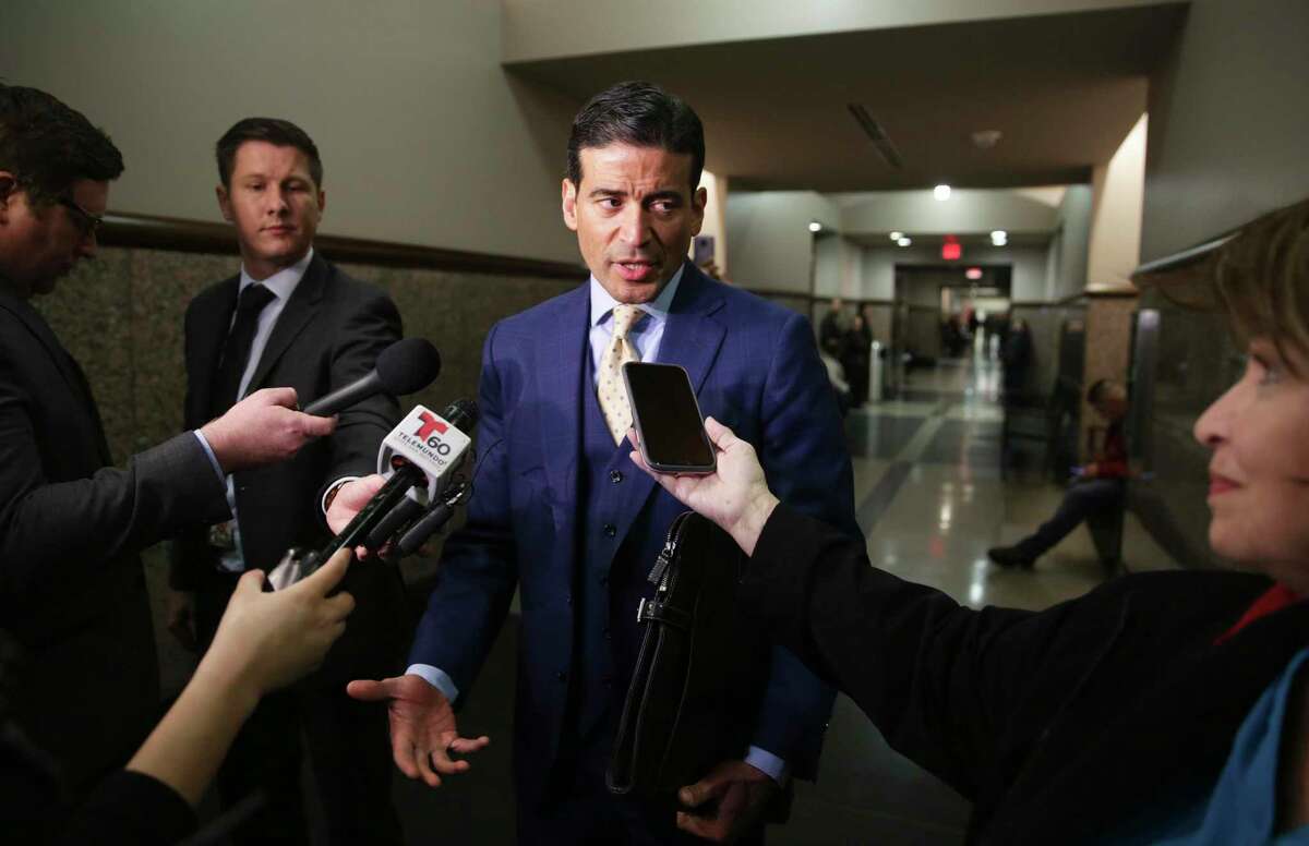 Nico LaHood answers questions after Michelle Barrientos-Vela made her first appearance in Judge Ron Rangel's courtroom on Feb. 26, 2020.