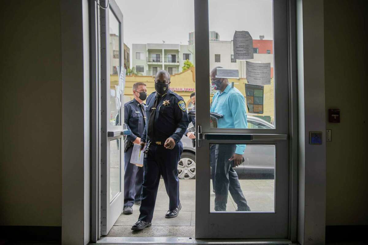 Oakland Police Chief LeRonne Armstrong enters his office in February. A federal court monitor’s opinion signals the Police Department may finally be nearing the end of a federal oversight process that has lasted 18 years.
