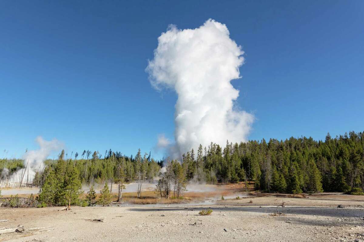 The Steamboat Geyser erupts into the air at Yellowstone National Park on Sept. 17, 2018.