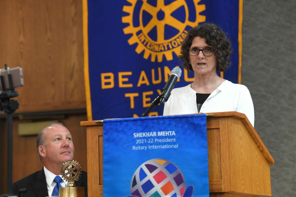 Uliana Trylowsky introduces Beaumont Mayor Robin Mouton, who delivered the keynote speech at the weekly Beaumont Rotary Club meeting Wednesday. Photo made Wednesday, August 25, 2021 Kim Brent/The Enterprise