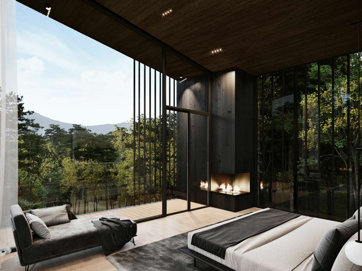 The bedroom is the highest part of the home, which allows for dramatic views of the property and beyond.
