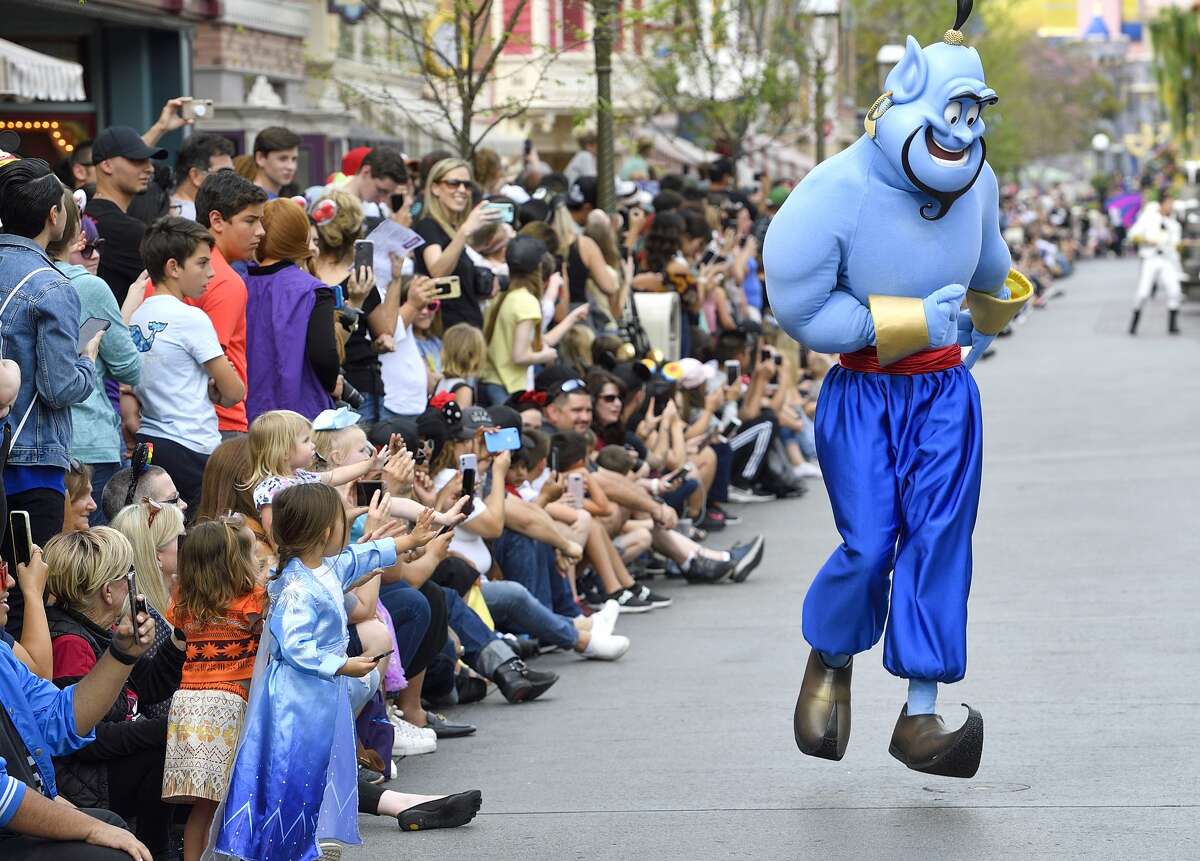 The Genie from "Aladdin" during a parade at Disneyland on Feb 27, 2020.