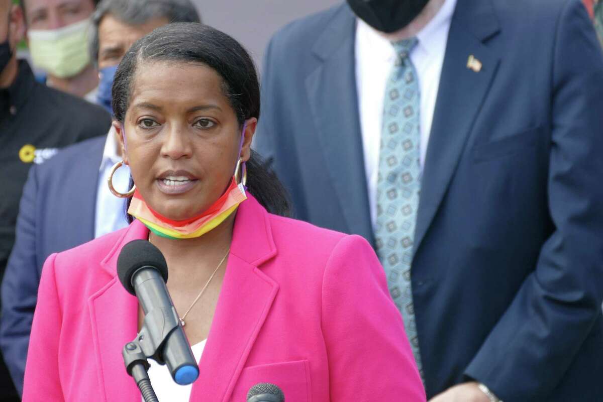 Congresswoman Jahana Hayes speaks during a press conference outside the CTown grocery store on North Street in Danbury, Conn. Friday, Aug. 27, 2021.
