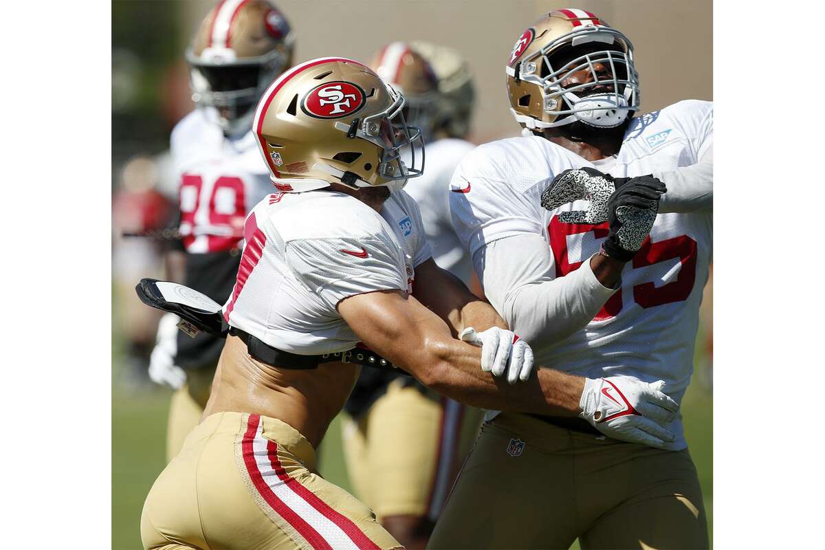San Francisco 49ers defensive end Nick Bosa works against offensive guard Aaron Banks takes part in drills at an NFL football training camp in Santa Clara, Calif., Tuesday, Aug. 3, 2021.