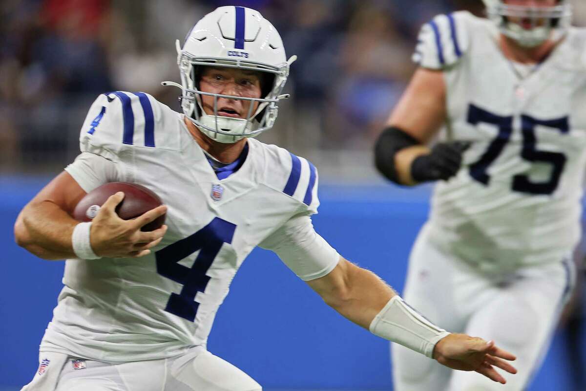 Indianapolis Colts quarterback Sam Ehlinger (4) carries the ball during the first half of an NFL preseason football game between the Detroit Lions and the Indianapolis Colts in Detroit, Michigan USA, on Friday, August 27, 2021.