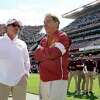 Texas A&M head coach Jimbo Fisher, left, talks to Alabama head coach Nick Saban before the start of an NCAA college football game, Saturday, Oct. 12, 2019, in College Station, Texas. (AP Photo/Sam Craft)