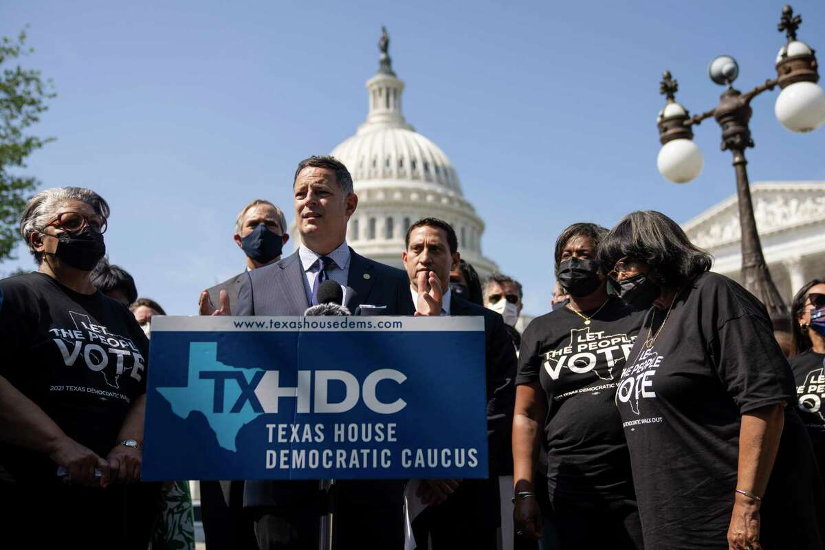 Texas State Rep. Rafael Anchia (D-District 103), joined by fellow Democratic Texas state representatives, speaks during a news conference about voting rights outside the U.S. Capitol on August 6, 2021 in Washington, DC. Texas Governor Greg Abbott has called for another special session of the State Legislature, putting new pressure on Democratic members to return to Texas from the nations Capitol.