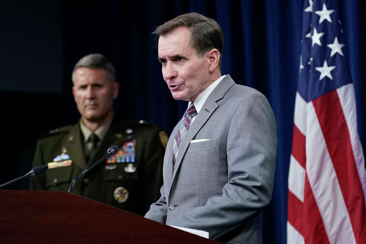 Pentagon spokesman John Kirby, right, speaks as Army Maj. Gen. William "Hank" Taylor, left, listens during a briefing at the Pentagon in Washington, Saturday, Aug. 28, 2021, on the situation in Afghanistan. (AP Photo/Susan Walsh)
