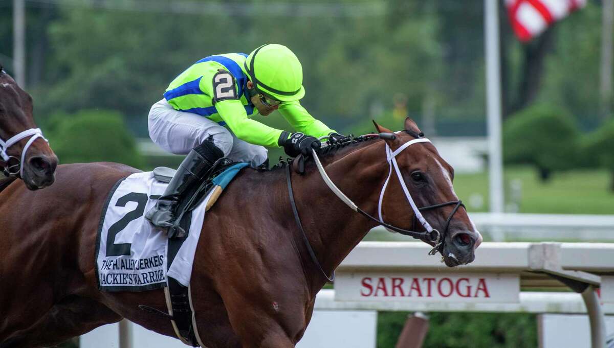 Jackie's Warrior, with jockey Joel Rosario, wins the 37th running of the H. Allen Jerkens Memorial Stakes at Saratoga Race Course on Saturday, Aug. 28, 2021, holding off Life Is Good.