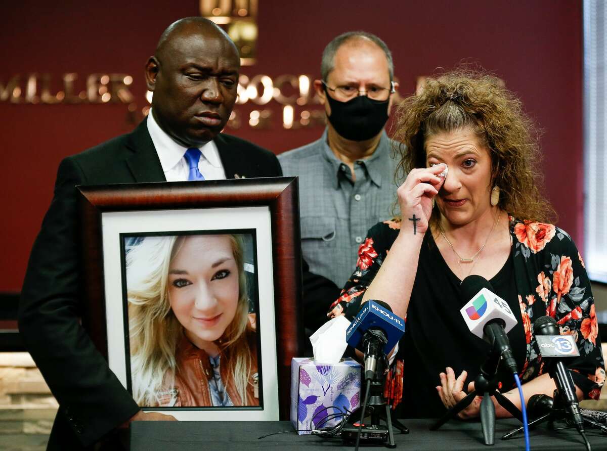 Melanie Infinger wiped off tears from her eyes as she talked about the death of her daughter Caitlynne Infinger Guajardo – who was murdered by her husband while he was out on multiple personal recognizance bonds in July – during a press conference where attorney Ben Crump announced a lawsuit against Harris County on Wednesday, Aug. 4, 2021, in Houston.