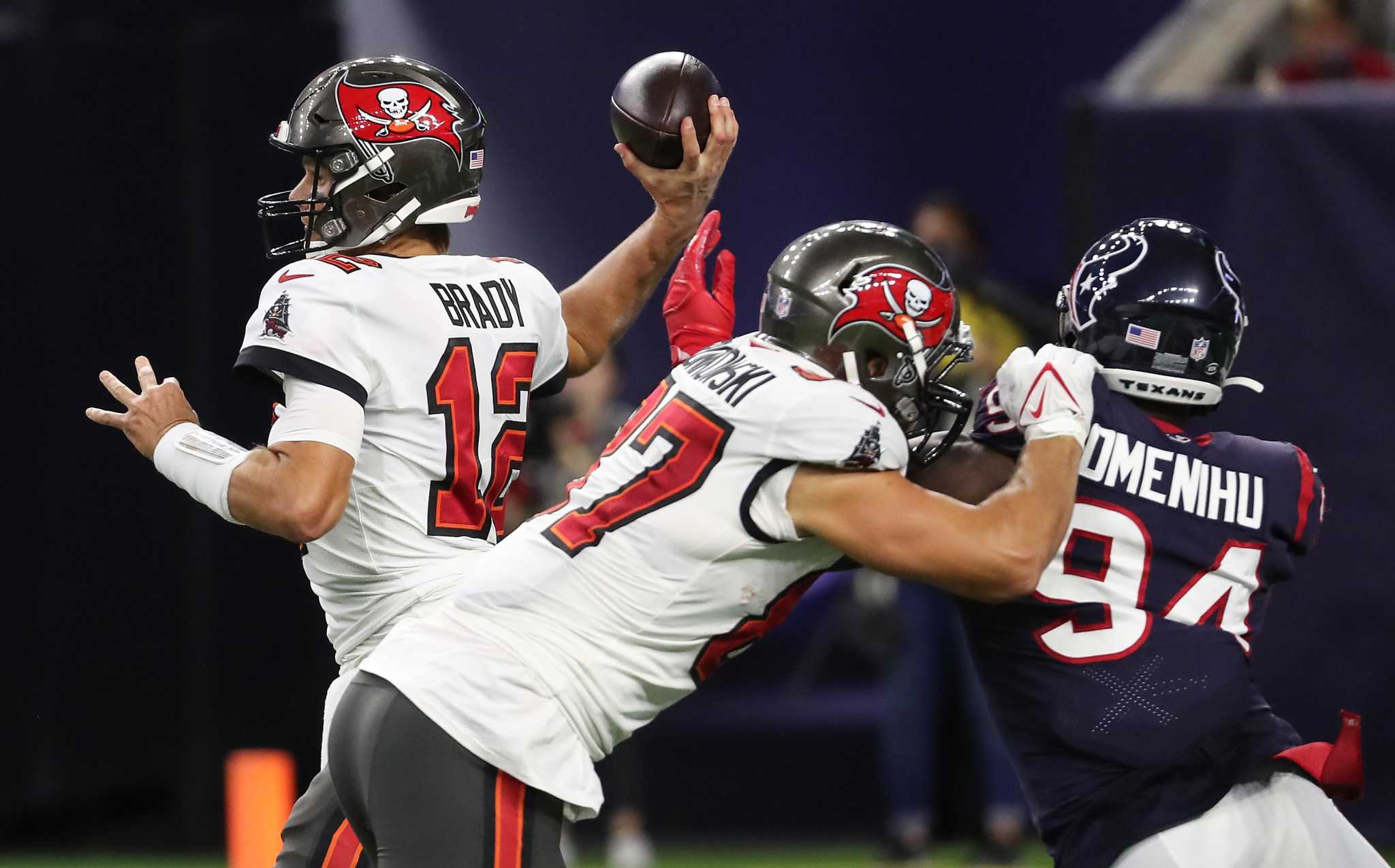 August 28, 2021: Tampa Bay Buccaneers quarterback Kyle Trask (2) looks on  as starting quarterback Tom Brady runs the Buccaneers offense during an NFL  preseason game between the Houston Texans and the