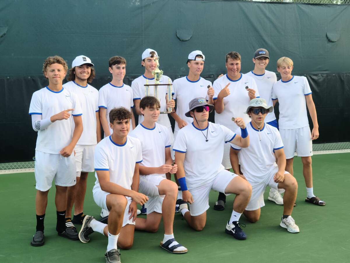 Midland High's boys' tennis team poses with the trophy after winning the Bill Baum Invitational in Midland on Friday, Aug. 27, 2021.
