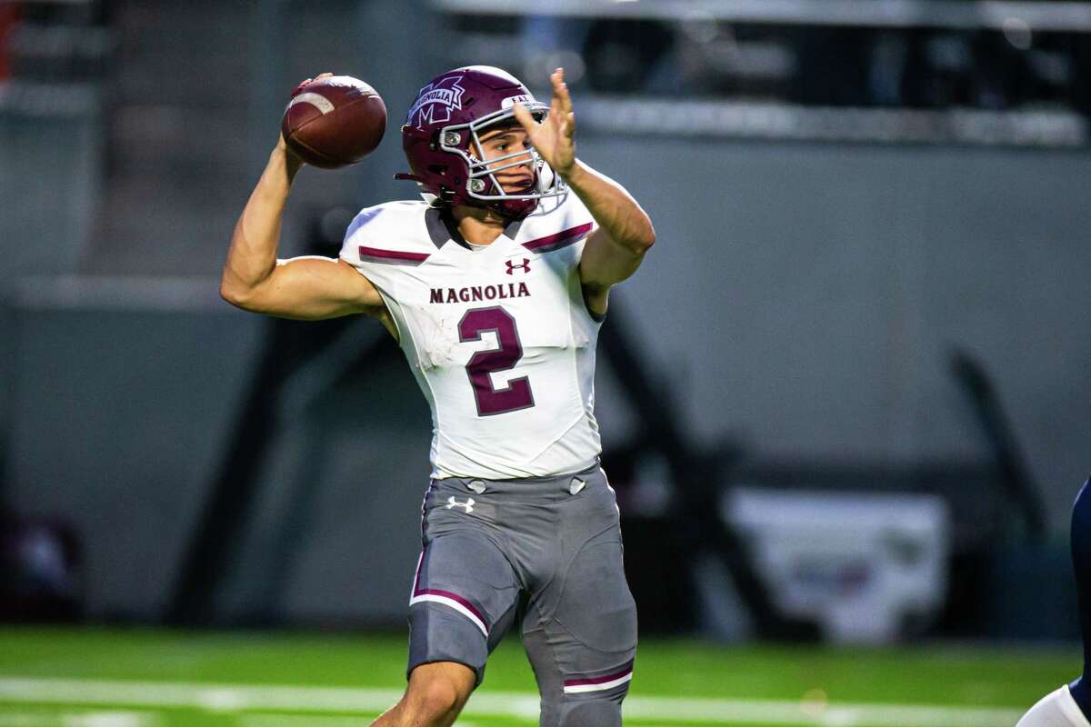 Magnolia Bulldogs QB Ross Choate (2) looks to throw the ball during second half of action between Tompkins Falcons vs. Magnolia Bulldogs during a high school football game at the Legacy Stadium, Saturday, August 28, 2021, in Katy. Tompskins Falcons defeated Magnolia Bulldogs 18-6.