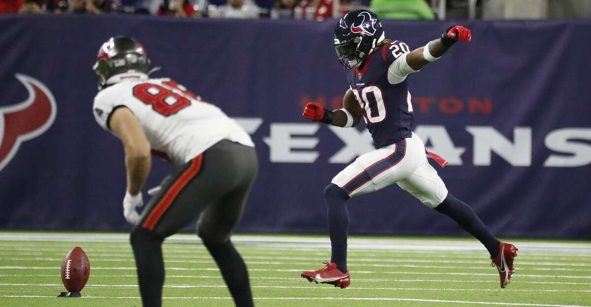 Houston Texans safety Justin Reid (20) kicks off during the second half of an NFL pre-season football game at NRG Stadium, Saturday, August 28, 2021, in Houston.