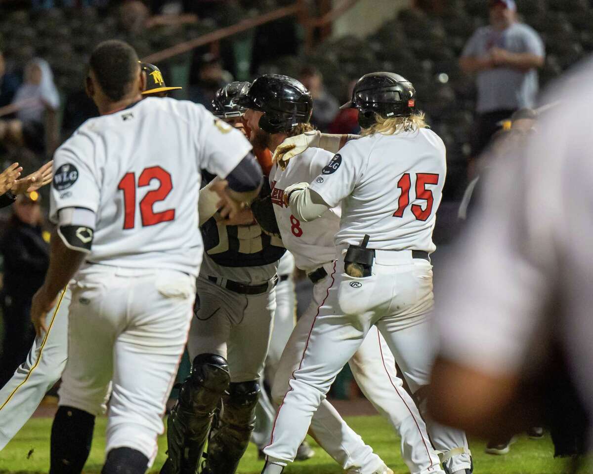 The Tri-City ValleyCats and Sussex County Miners benches cleared for the second night in a row at the Joseph L. Bruno Stadium on the Hudson Valley Community College campus in Troy, NY, on Saturday, Aug. 28, 2021. (Jim Franco/Special to the Times Union)
