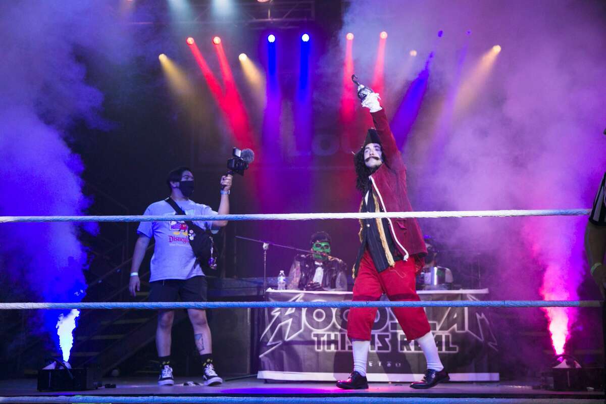 Wrestler Captain Hook is introduced to the crowd during Hoodslam at DNA Lounge in San Francisco on Aug. 22, 2021.