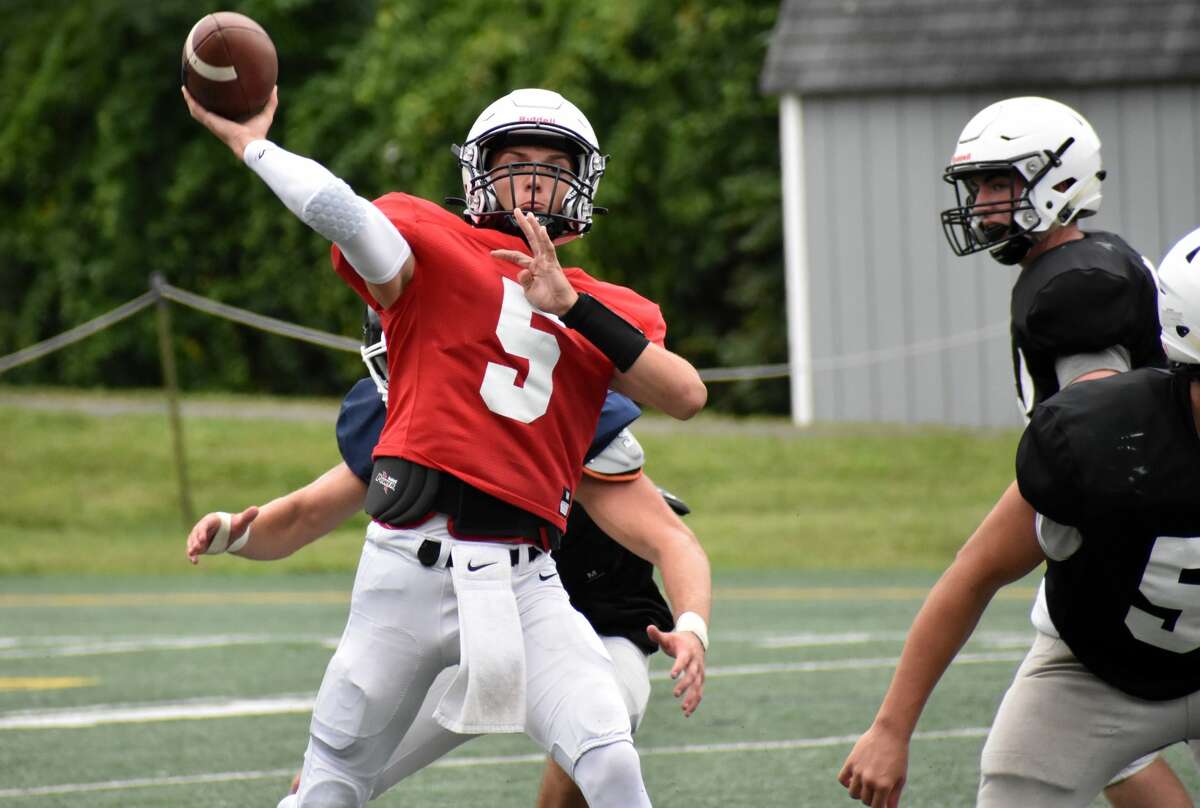 Xavier quarterback Drew Kron throws a pass during a football scrimmage against Wethersfield at Wethersfield High, Wethersfield on Saturday, Aug. 28, 2021. (Pete Paguaga, Hearst Connecticut Media)