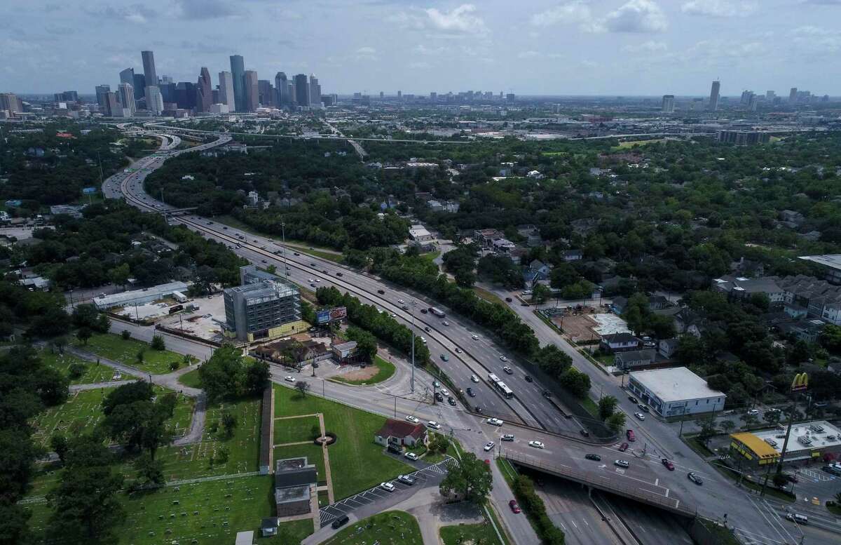 Traffic along Interstate 45 travels under North Main Street, north of downtown, on July 5, 2019, in Houston.