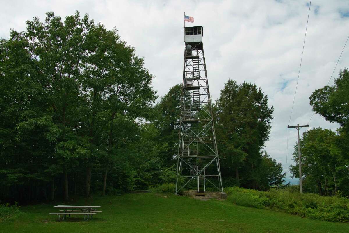A view of the Dickinson Fire Tower on Monday, Aug. 30, 2021, in Petersburg, N.Y. The Friends of Grafton Lakes State Park group began restoration efforts on the fire tower in 2012, and the tower is now fully operational.