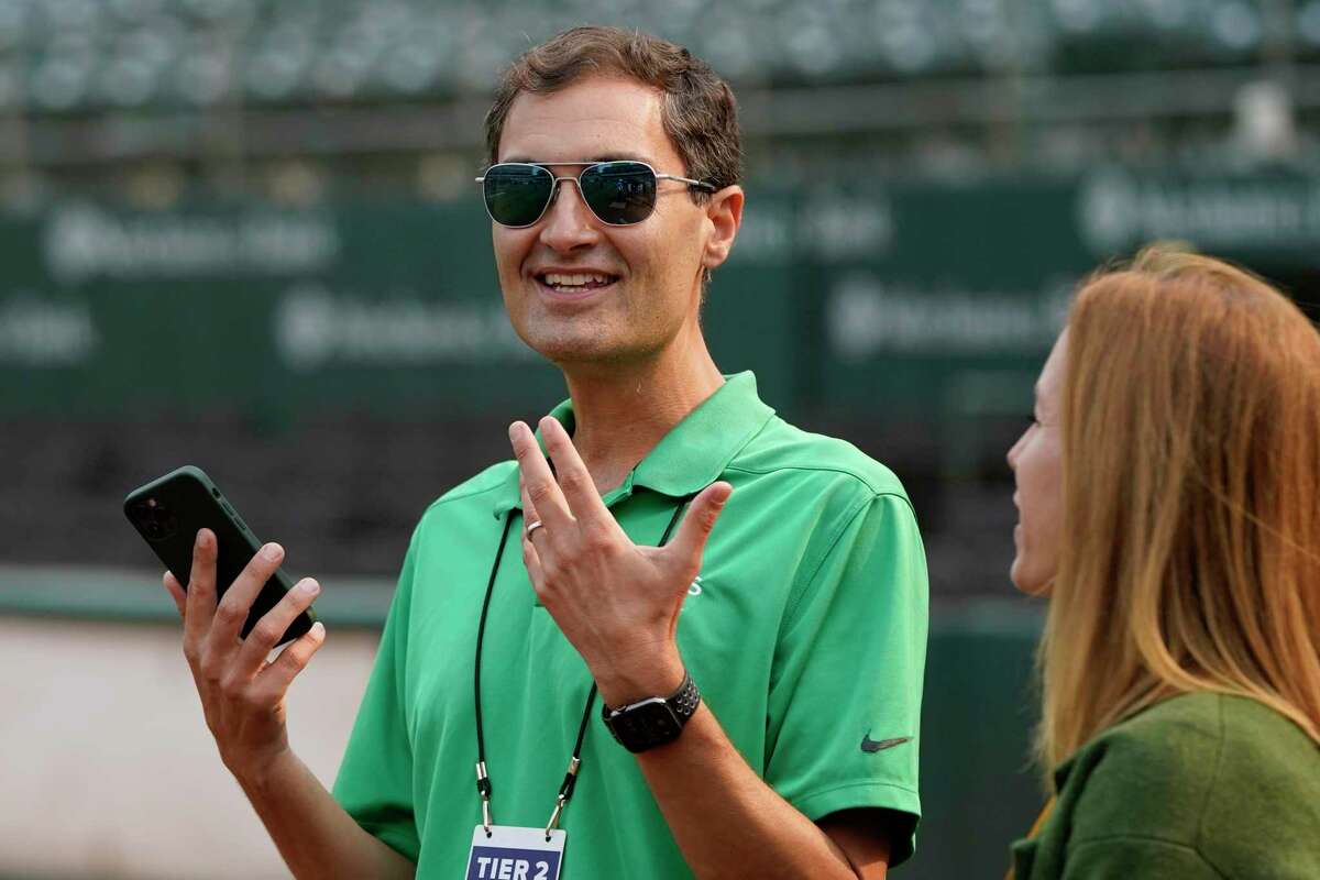 Oakland Athletics President Dave Kaval before a baseball game between the Athletics and the San Francisco Giants in Oakland, Calif., Friday, Aug. 20, 2021. (AP Photo/Jeff Chiu)